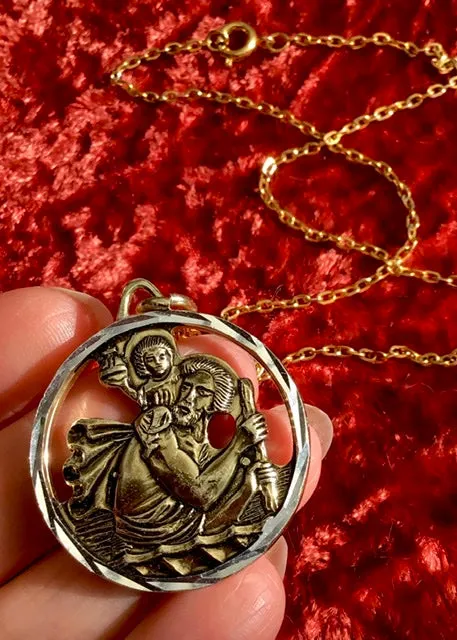 1970s Vintage Metallic Plastic St Christopher Pendant Necklace