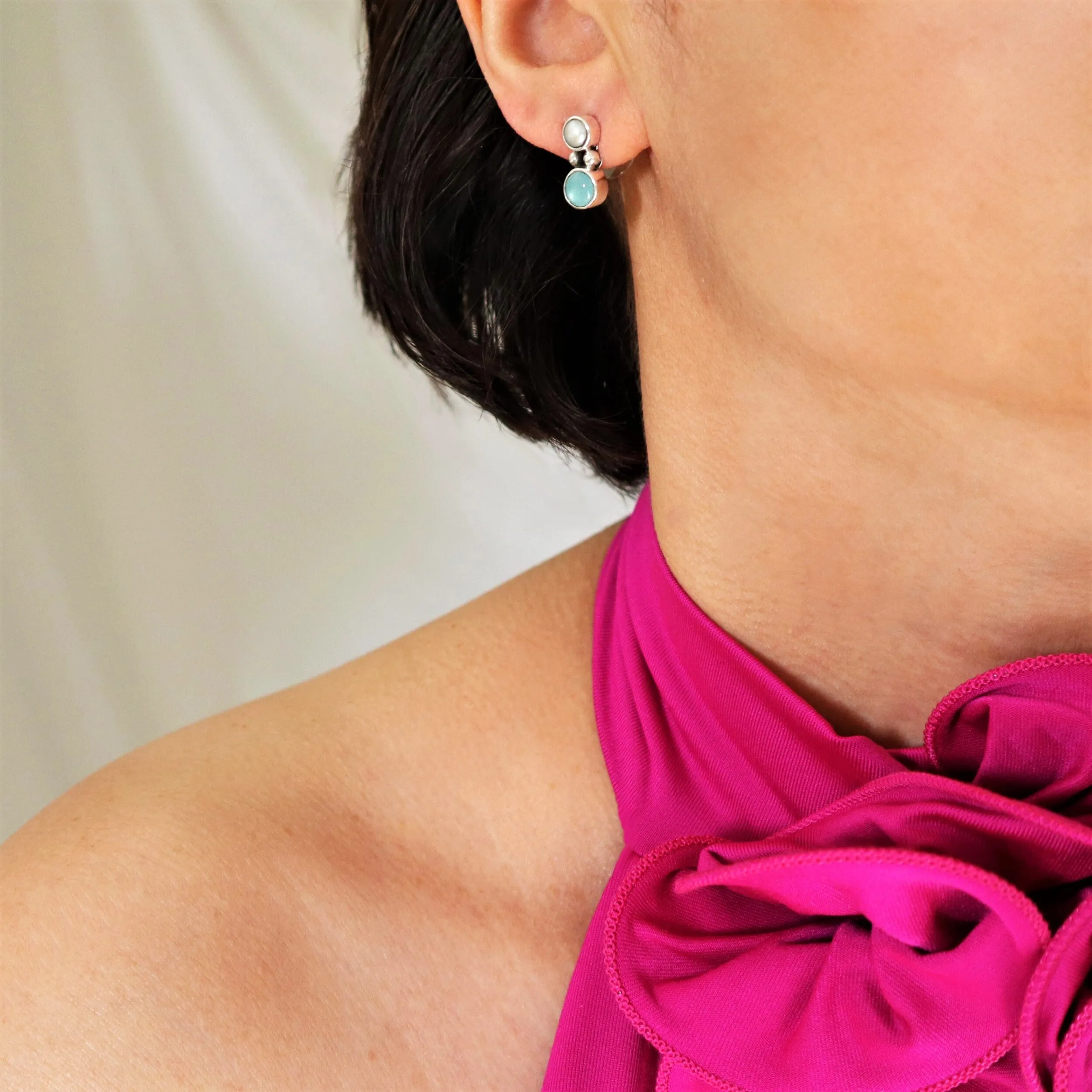 Blue Calcedony and Pearl 925 Silver Earrings